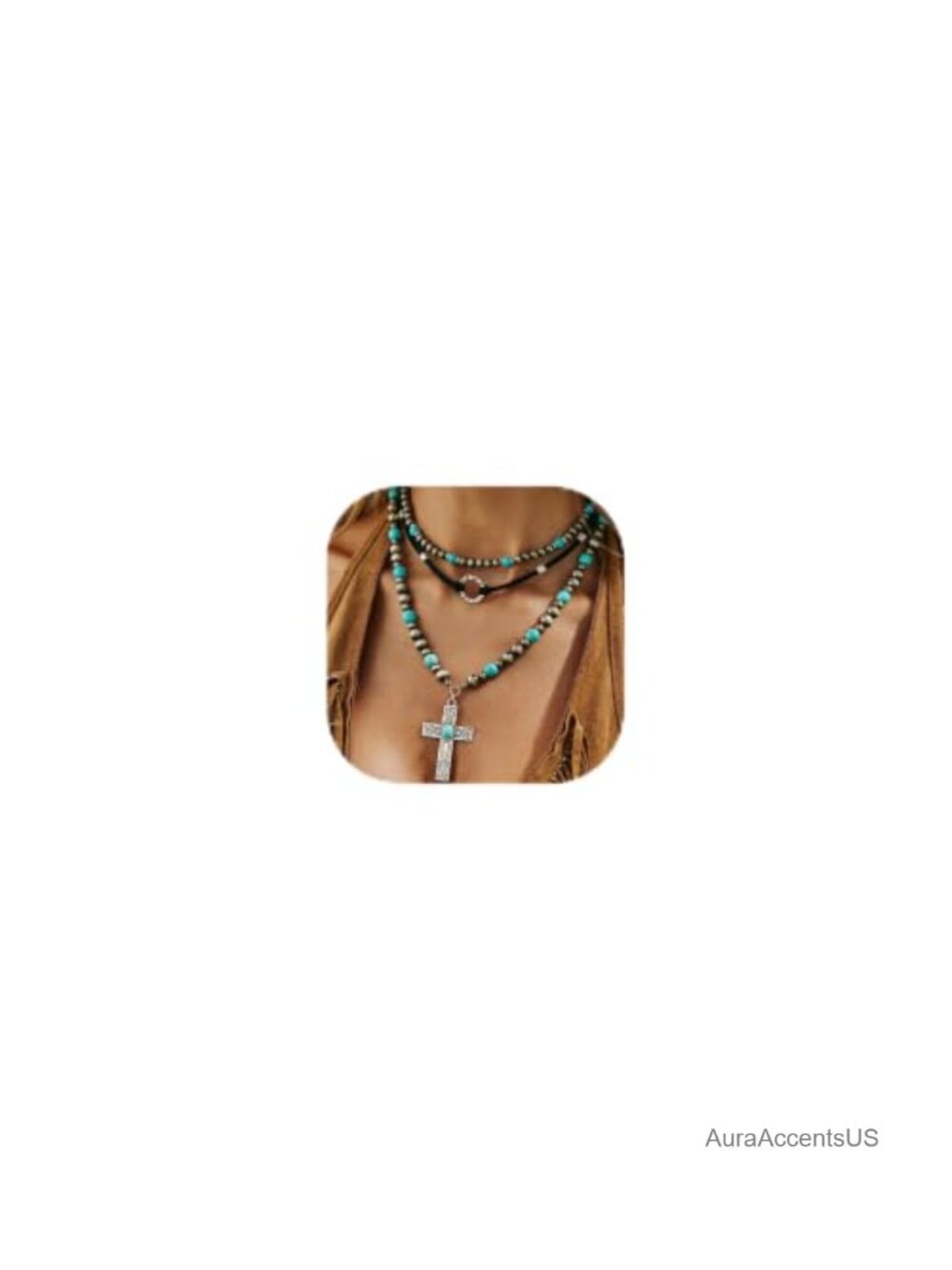 Western Turquoise Cross Necklace Set Navajo Pearl Beaded Layered Choker